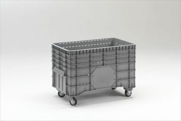 Caja de gran volumen 1040x640x700 mm, 300 L, 4 ruedas, perforada gris