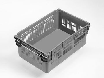 Caja encajable sobre barras abatibles 45L, 600x400x237 mm, fundo cerrado y paredes perforado gris