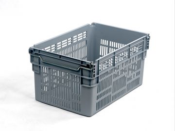 Caja encajable sobre barras abatibles 60L, 600x400x310 mm, fundo cerrados y paredes perforado gris