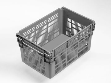 Caja encajable sobre barras abatibles 60L, 600x400x310 mm, fundo cerrados y paredes perforado gris