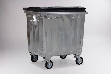 Contenedor en acero galvanizado con 4 ruedas, 1100L DIN, tapa negra