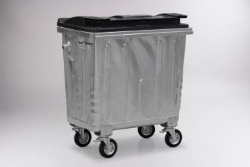 Contenedor en acero galvanizado con 4 ruedas, 770L, DIN, tapa negra