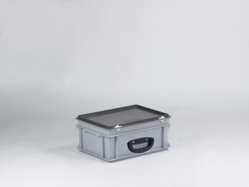 Maleta apilable 15L 400x300x185 mm tapa bisagras cierres con asa reforzada gris