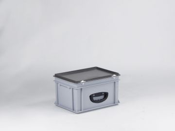 Maleta apilable 20L 400x300x235 mm tapa bisagras cierres con asa reforzada gris