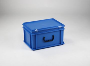 Maleta apilable 20L 400x300x235 mm, tapa bisagras cierres con asa azul