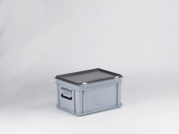 Maleta apilable 20L 400x300x235 mm tapa bisagras cierres con 2 asas reforzadas gris