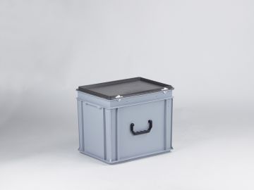 Maleta apilable 30L 400x300x340 mm, tapa bisagras cierres con asa gris
