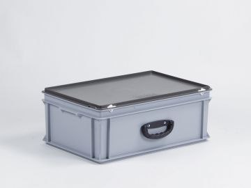 Maleta apilable 40L 600x400x235 mm, tapa bisagras cierres con asa gris