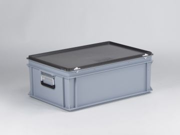 Maleta apilable 40L 600x400x235 mm, tapa bisagras cierres con 2 asas gris