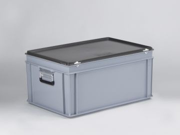 Maleta apilable 53L 600x400x295 mm, tapa bisagras cierres con 2 asas gris