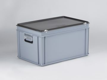 Maleta apilable 60L 600x400x340 mm, tapa bisagras cierres con 2 asas gris