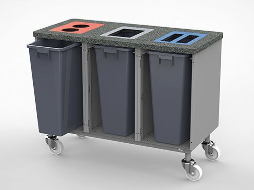 Waste station for 3 waste streams on wheels with 3x 60 liter bins