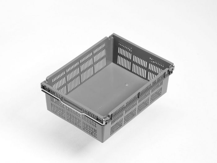 Caja encajable sobre barras abatibles 12L, 400x300x131 mm, fundo cerrado y paredes perforado gris