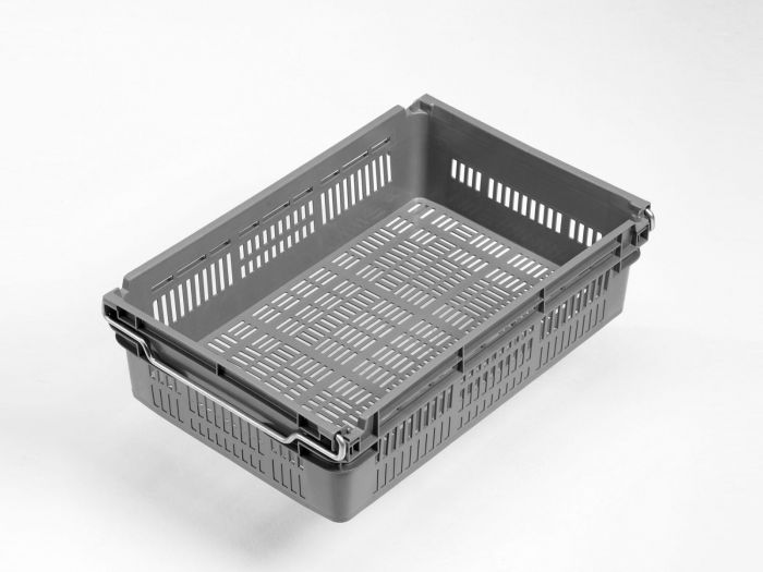 Caja encajable sobre barras abatibles 30L, 600x400x163 mm, fundo cerrados y paredes perforado gris