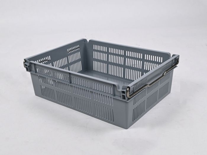 Caja encajable sobre barras abatibles 45L, 600x400x237 mm, fundo cerrado y paredes perforado gris