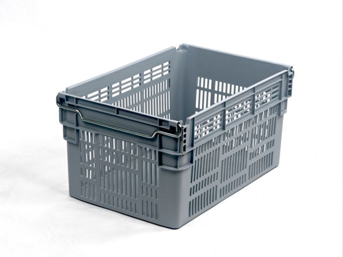 Caja encajable sobre barras abatibles 60L, 600x400x310 mm, fundo cerrados y paredes perforado gris
