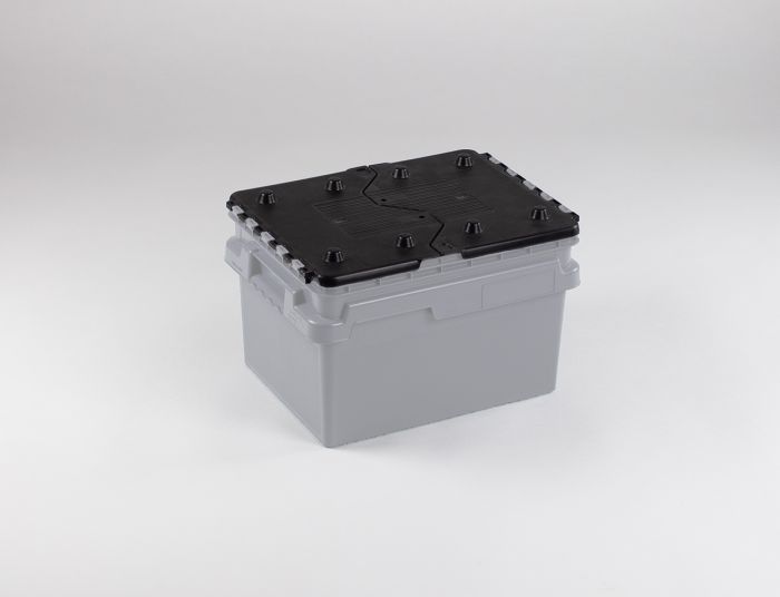 Distribution bin, 400x300x264 mm, 21 liters with attached lids on short side