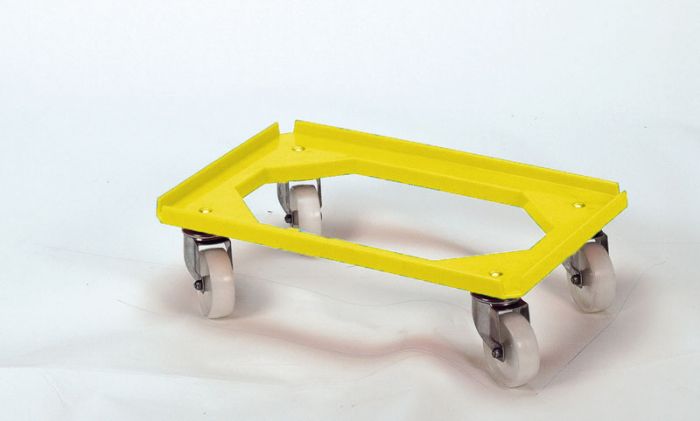 Kunststof transportroller, 600x400 mm open dek, galva zwenkwielen, geel