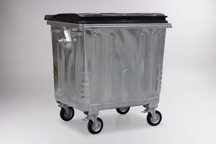 Contenedor en acero galvanizado con 4 ruedas, 1100L DIN, tapa negra
