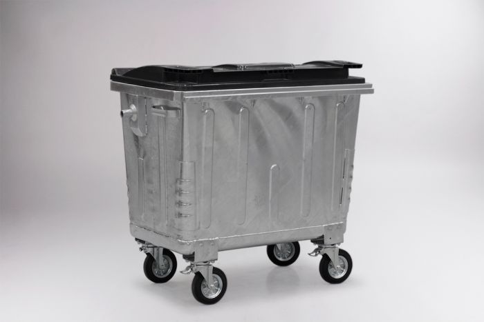 Contenedor en acero galvanizado con 4 ruedas, 660L DIN,tapa negra