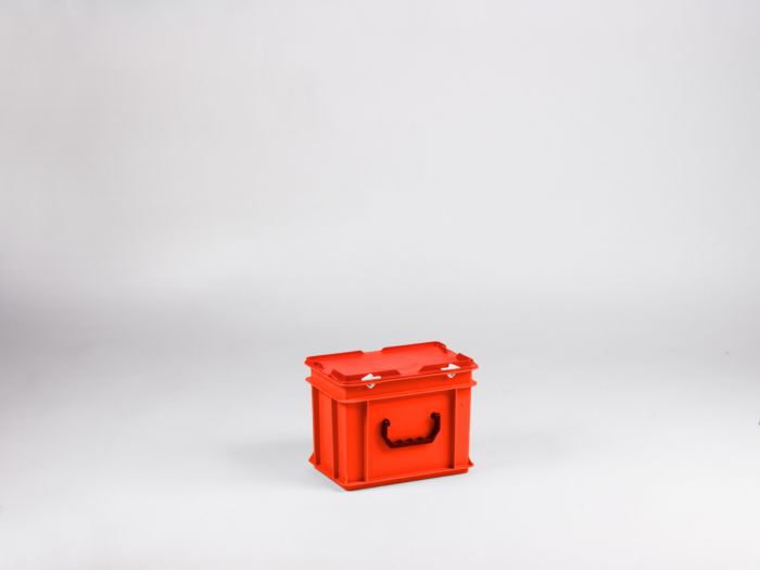 Maleta apilable 9L 300x200x235 mm, tapa bisagras cierres con 1 asa rojo