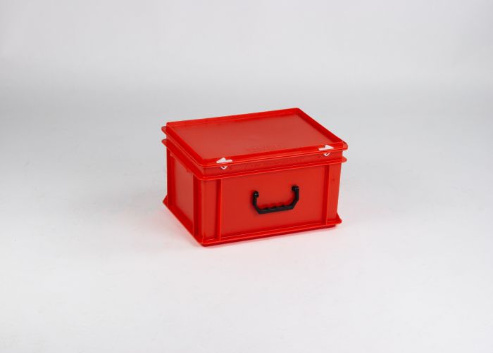Maleta apilable 20L 400x300x235 mm, tapa bisagras cierres con asa rojo