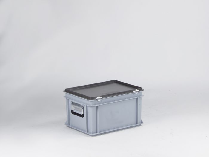 Maleta apilable 20L 400x300x235 mm tapa bisagras cierres con 2 asas reforzadas gris
