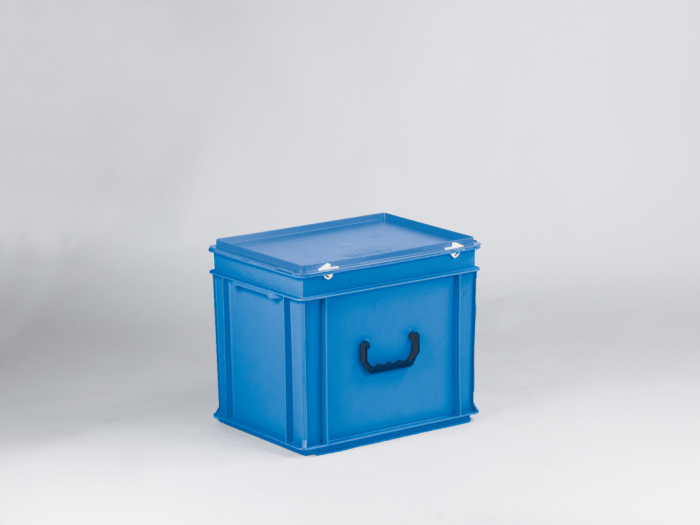 Maleta apilable 30L 400x300x340 mm, tapa bisagras cierres con asa azul