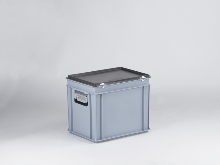 Maleta apilable 30L 400x300x340 mm tapa bisagras cierres con 2 asas reforzadas gris
