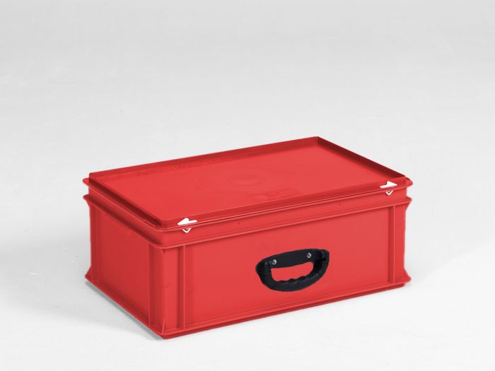 Maleta apilable 40L 600x400x235 mm, tapa bisagras cierres con asa rojo