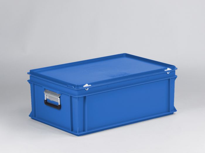 Maleta apilable 40L 600x400x235 mm, tapa bisagras cierres con 2 asas reforzadas azul