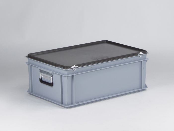 Maleta apilable 40L 600x400x235 mm, tapa bisagras cierres con 2 asas gris