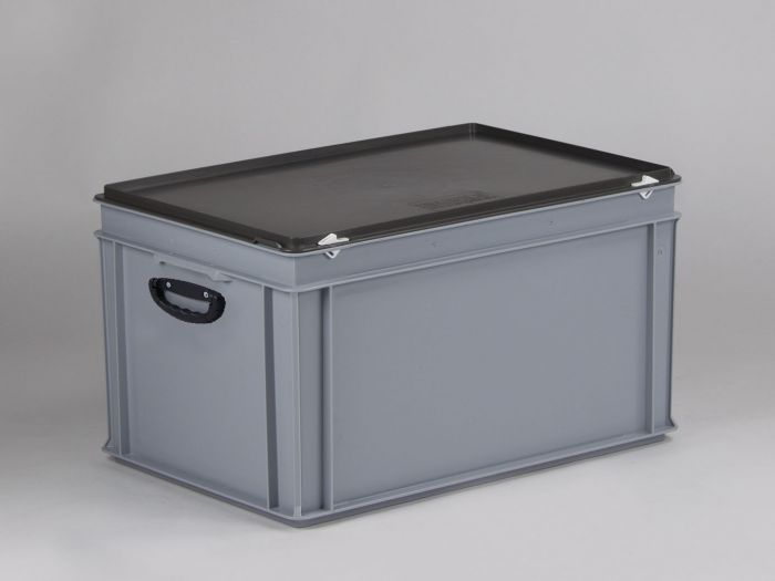 Maleta apilable 60L 600x400x340 mm, tapa bisagras cierres con 2 asas gris