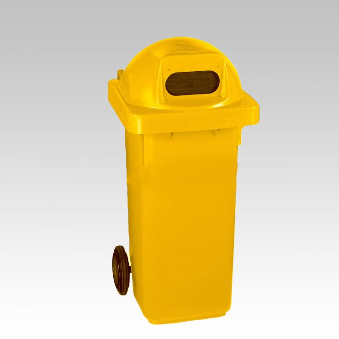 Contenedor 120 L, 2 ruedas, tapa redonda ovalada y goma amarillo
