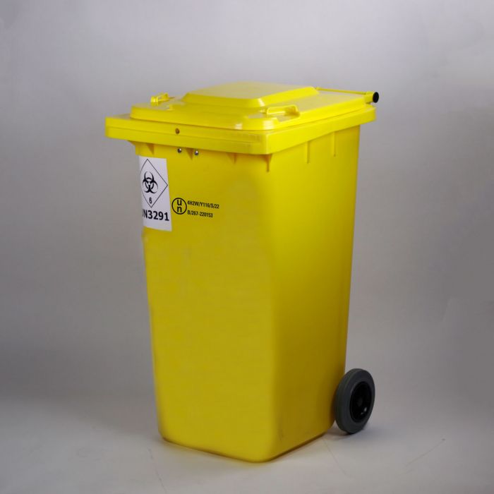 Contenedor hospitalario con 2 ruedas, 240 l, homologación ONU, amarillo